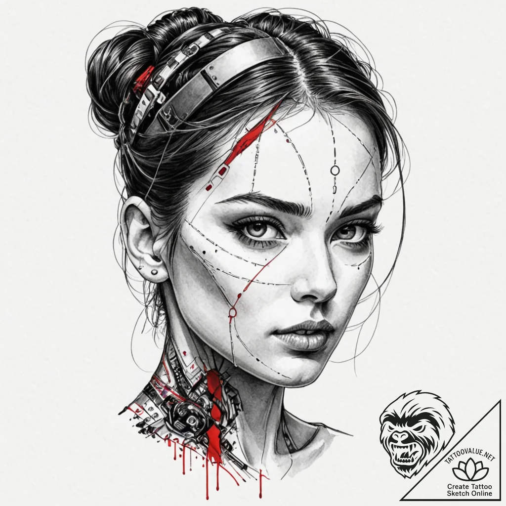 Trash polka style face of a replicant, half f... - tattoo sketch (№1751215747_0, 29.06.2025 16:49) — tattoovalue.net
