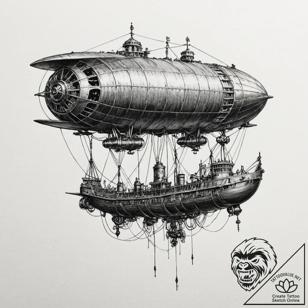 Steampunk airship, tattoo line art, blackwork... - tattoo sketch (№1751217029_0, 29.06.2025 17:10) — tattoovalue.net