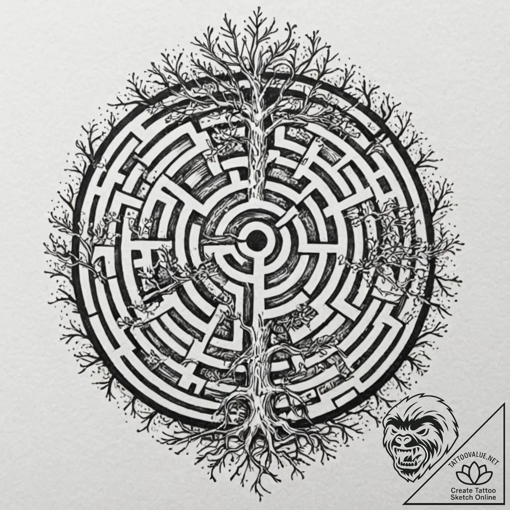 A tree with its roots exposed, forming a laby... - tattoo sketch (№1751217145_0, 29.06.2025 17:12) — tattoovalue.net