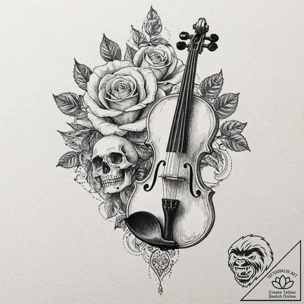 Violin, tattoo drawing outline, dotwork shadi... - tattoo sketch (№1751220248_0, 29.06.2025 18:04) — tattoovalue.net