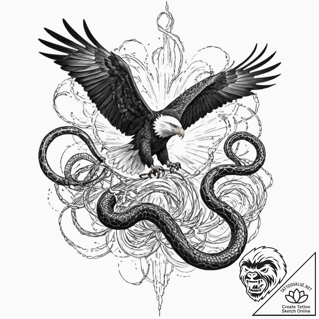An eagle fighting a snake, ink illustration f... - tattoo sketch (№1751222275_0, 29.06.2025 18:37) — tattoovalue.net