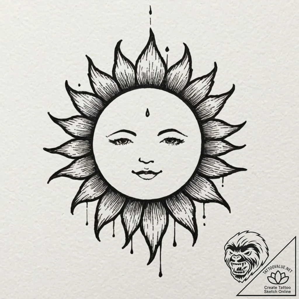 Sun, ink illustration for tattoo, blackwork t... - tattoo sketch (№1751222510_0, 29.06.2025 18:41) — tattoovalue.net