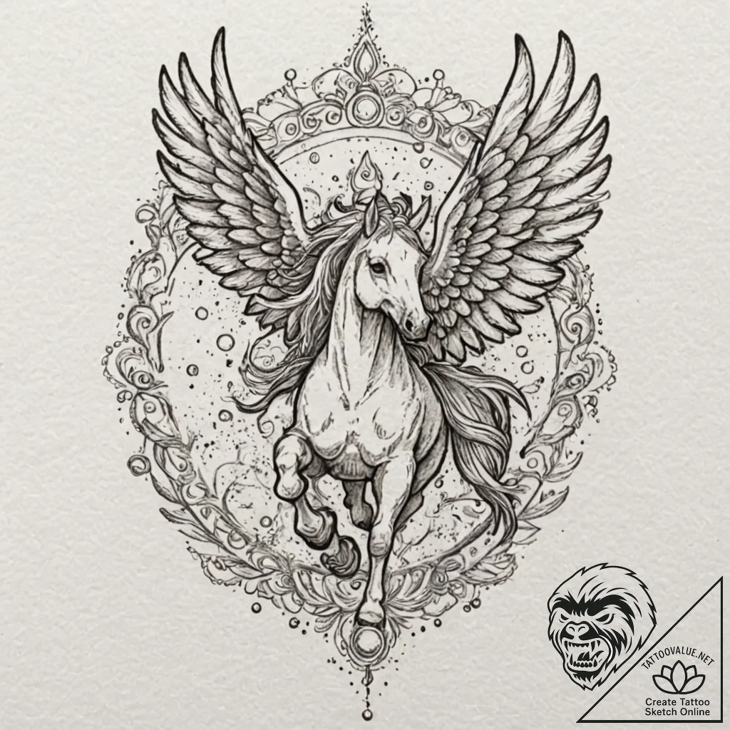 Pegasus, tattoo drawing outline, moderately d... - tattoo sketch (№1751225678_0, 29.06.2025 19:34) — tattoovalue.net