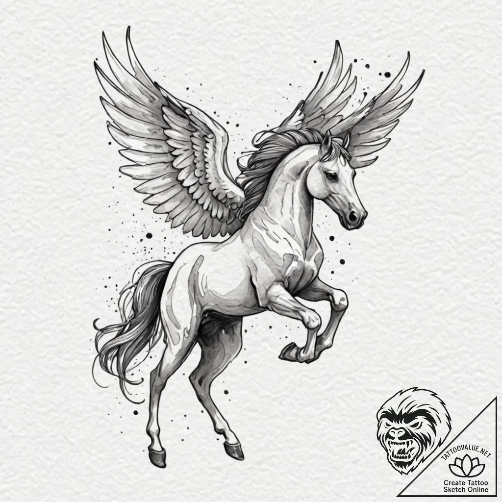 Pegasus, ink illustration for tattoo, black a... - tattoo sketch (№1751227711_0, 29.06.2025 20:08) — tattoovalue.net