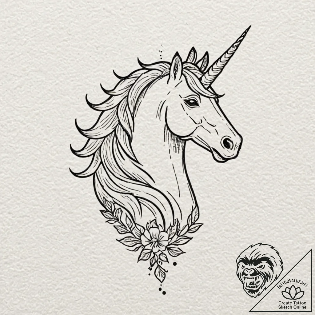 A linework tattoo of a unicorn, in a medieval... - tattoo sketch (№1751228233_0, 29.06.2025 20:17) — tattoovalue.net