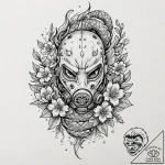 Gas mask with flowers growing from it, concep… – tattoo sketch (№1751230166_0, 29.06.2025 20:49) — tattoovalue.net