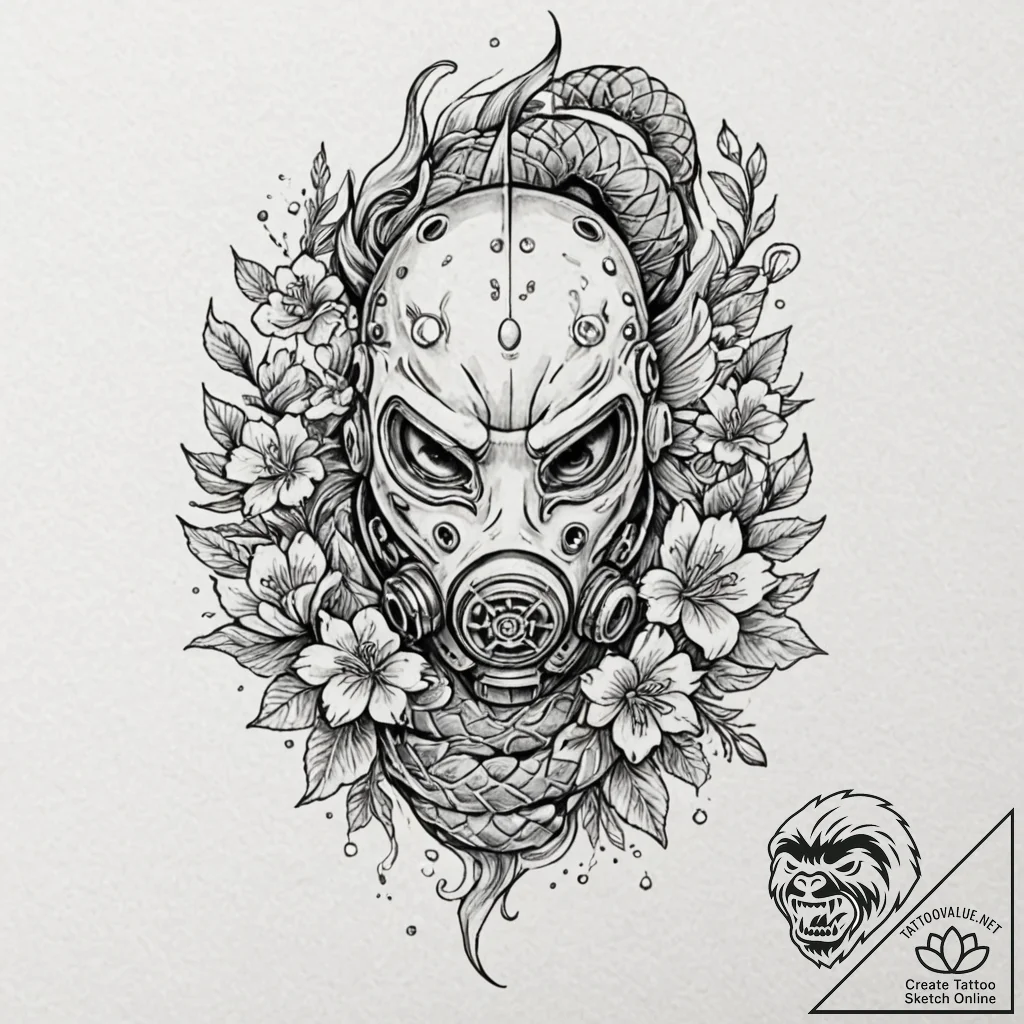 Gas mask with flowers growing from it, concep... - tattoo sketch (№1751230166_0, 29.06.2025 20:49) — tattoovalue.net