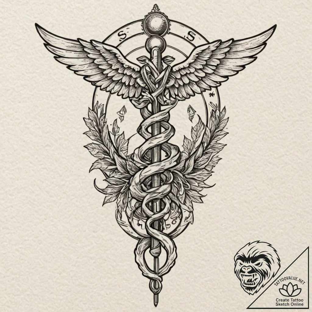 Caduceus, ink illustration for tattoo, modera... - tattoo sketch (№1751231444_0, 29.06.2025 21:10) — tattoovalue.net