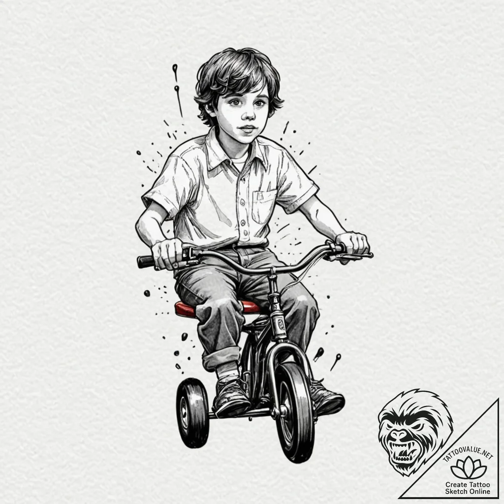 A linework tattoo of danny torrance on his tr... - tattoo sketch (№1751232664_0, 29.06.2025 21:31) — tattoovalue.net