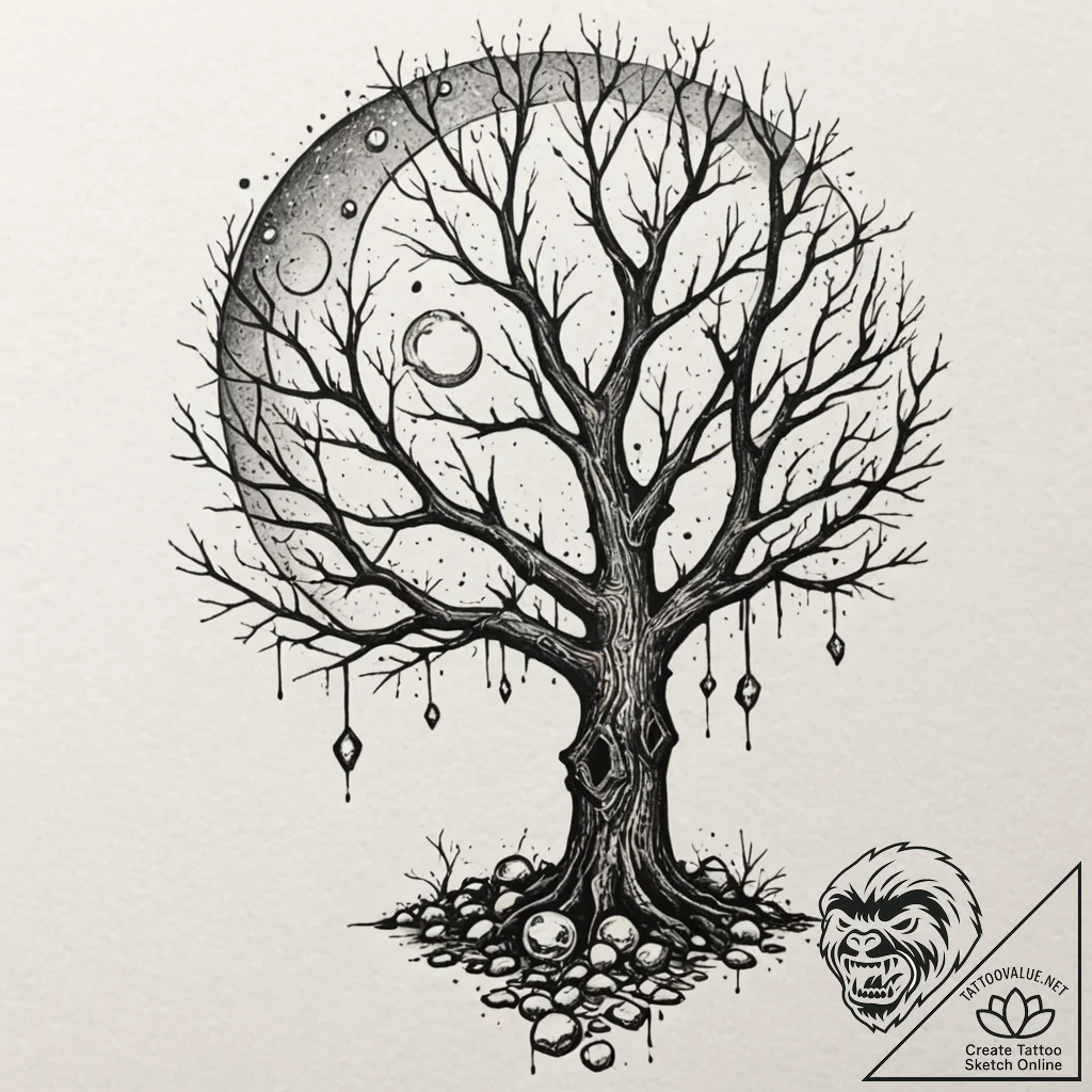 A gnarled, dead tree against a full moon, tat... - tattoo sketch (№1751232961_0, 29.06.2025 21:36) — tattoovalue.net