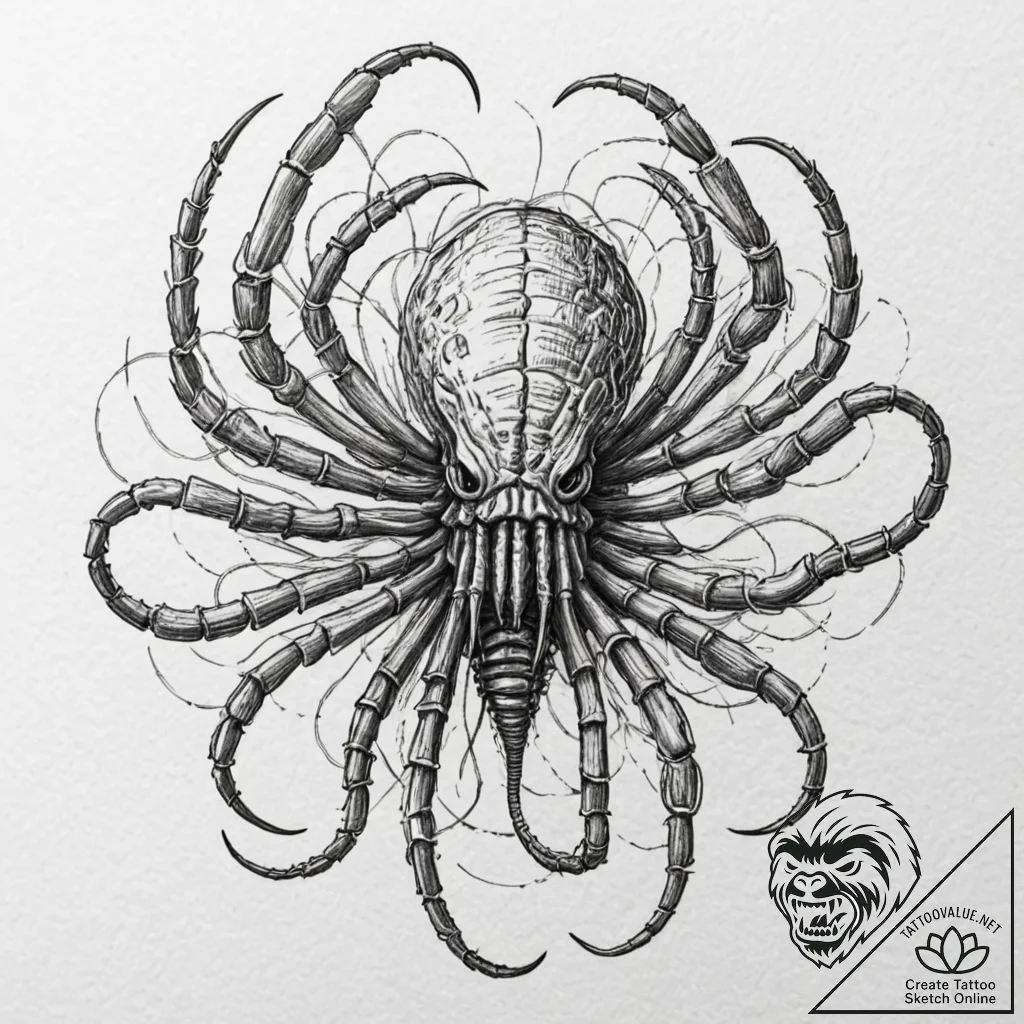 113. linework tattoo of a facehugger, minimal... - tattoo sketch (№1751236583_0, 29.06.2025 22:36) — tattoovalue.net