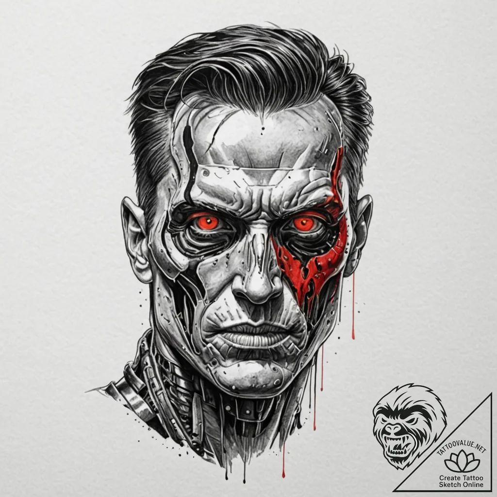 Trash polka portrait of the t-800, half flesh... - tattoo sketch (№1751237135_0, 29.06.2025 22:45) — tattoovalue.net