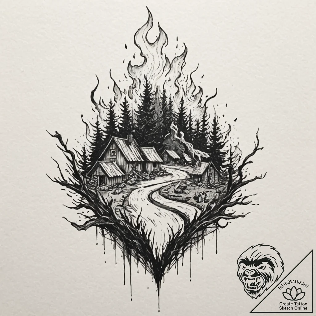 A graphic novel style tattoo of the burning v... - tattoo sketch (№1751237504_0, 29.06.2025 22:51) — tattoovalue.net