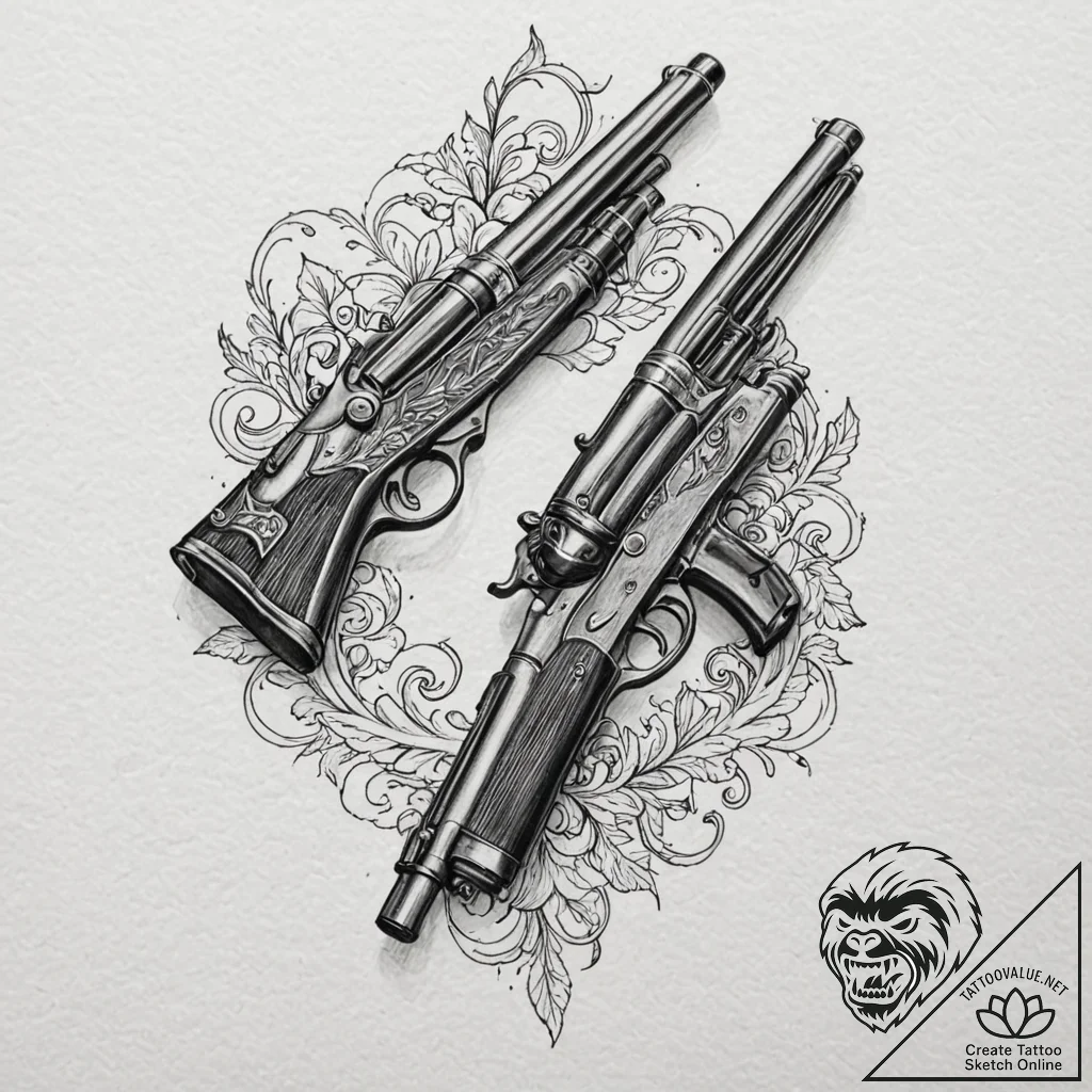 A linework tattoo of the two antique shotguns... - tattoo sketch (№1751241013_0, 29.06.2025 23:50) — tattoovalue.net