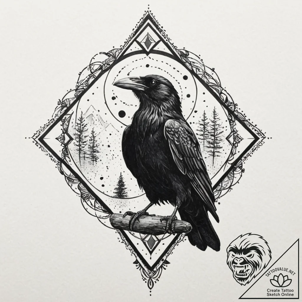 A trash polka composition of a raven with a t... - tattoo sketch (№1751241499_0, 29.06.2025 23:58) — tattoovalue.net