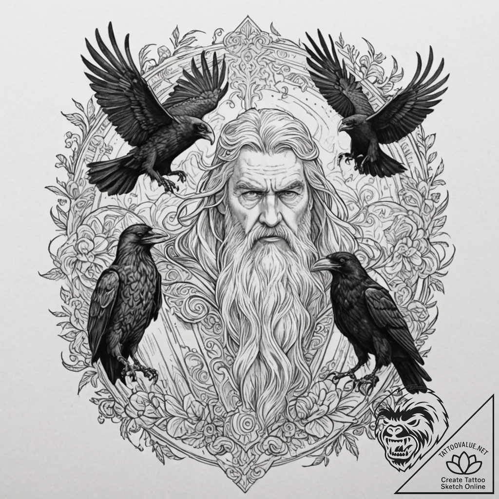 A graphic novel portrait of odin with his two... - tattoo sketch (№1751241738_0, 30.06.2025 00:02) — tattoovalue.net