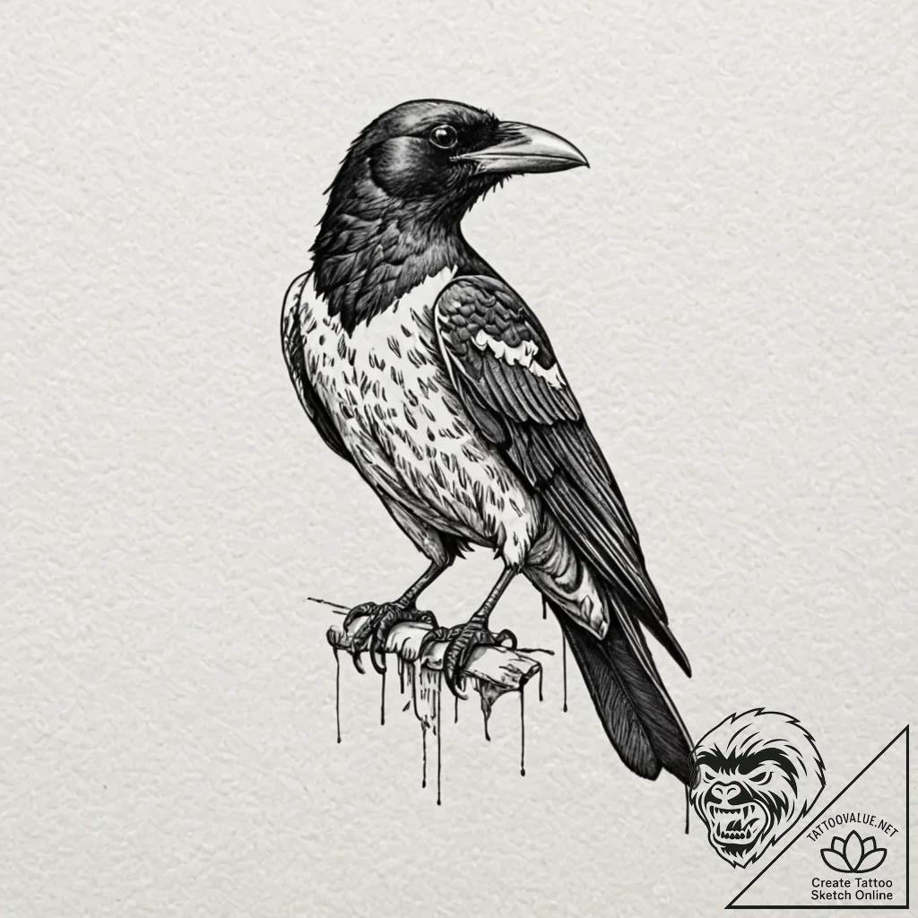 A taxidermy crow, artistic tattoo sketch, on... - tattoo sketch (№1751242640_0, 30.06.2025 00:17) — tattoovalue.net