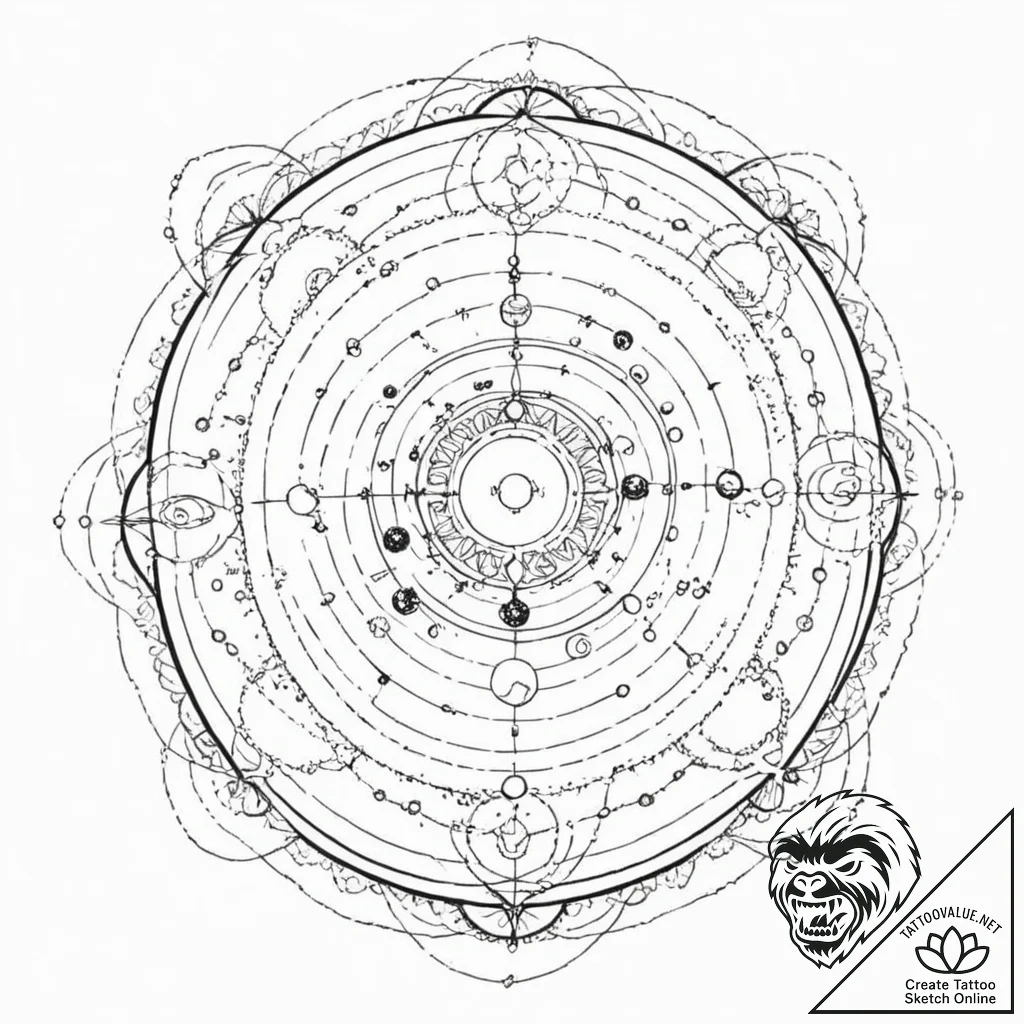 Solar system model (orrery), tattoo drawing o... - tattoo sketch (№1751242752_0, 30.06.2025 00:19) — tattoovalue.net