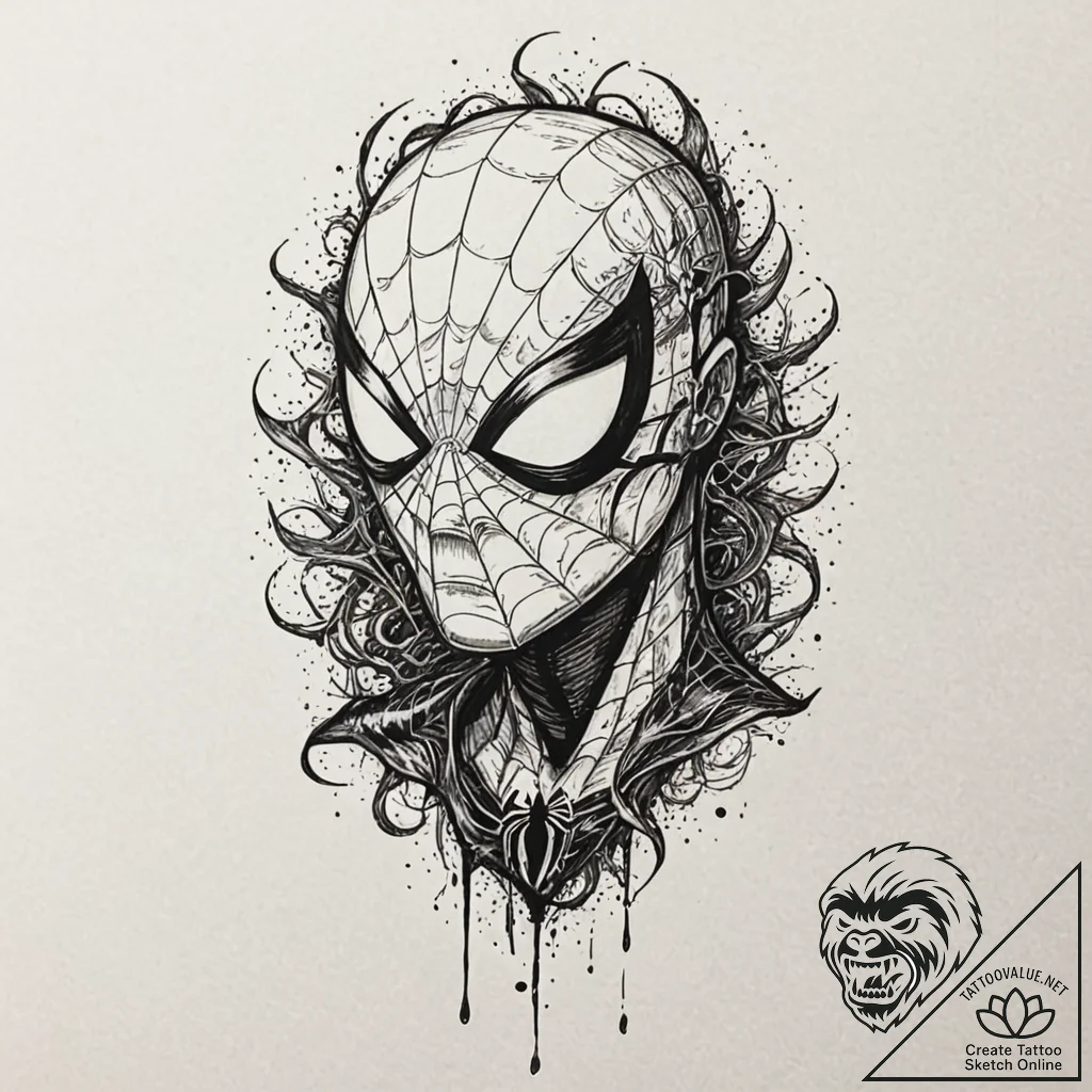 A trash polka tattoo of spider-man's mask, ha... - tattoo sketch (№1751242854_0, 30.06.2025 00:20) — tattoovalue.net