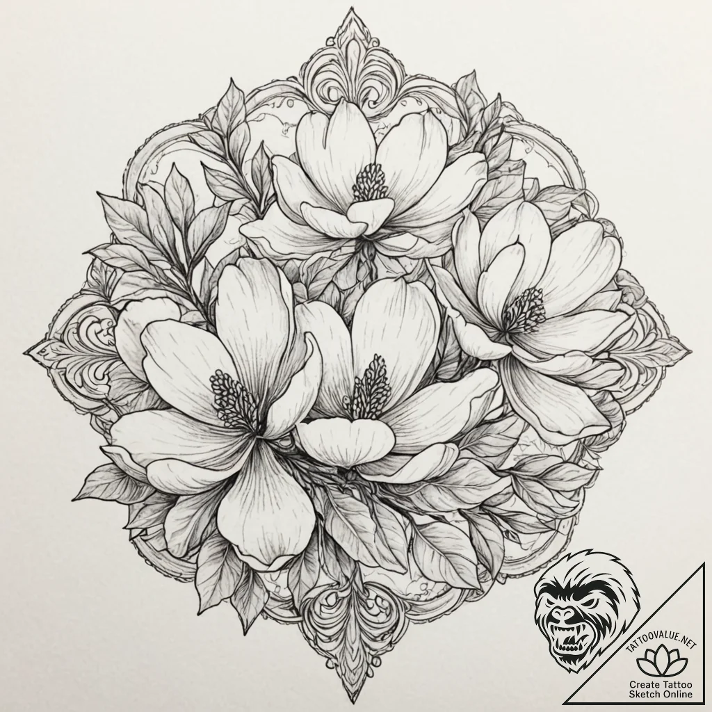 Magnolia, tattoo drawing outline, muted color... - tattoo sketch (№1751243567_0, 30.06.2025 00:32) — tattoovalue.net