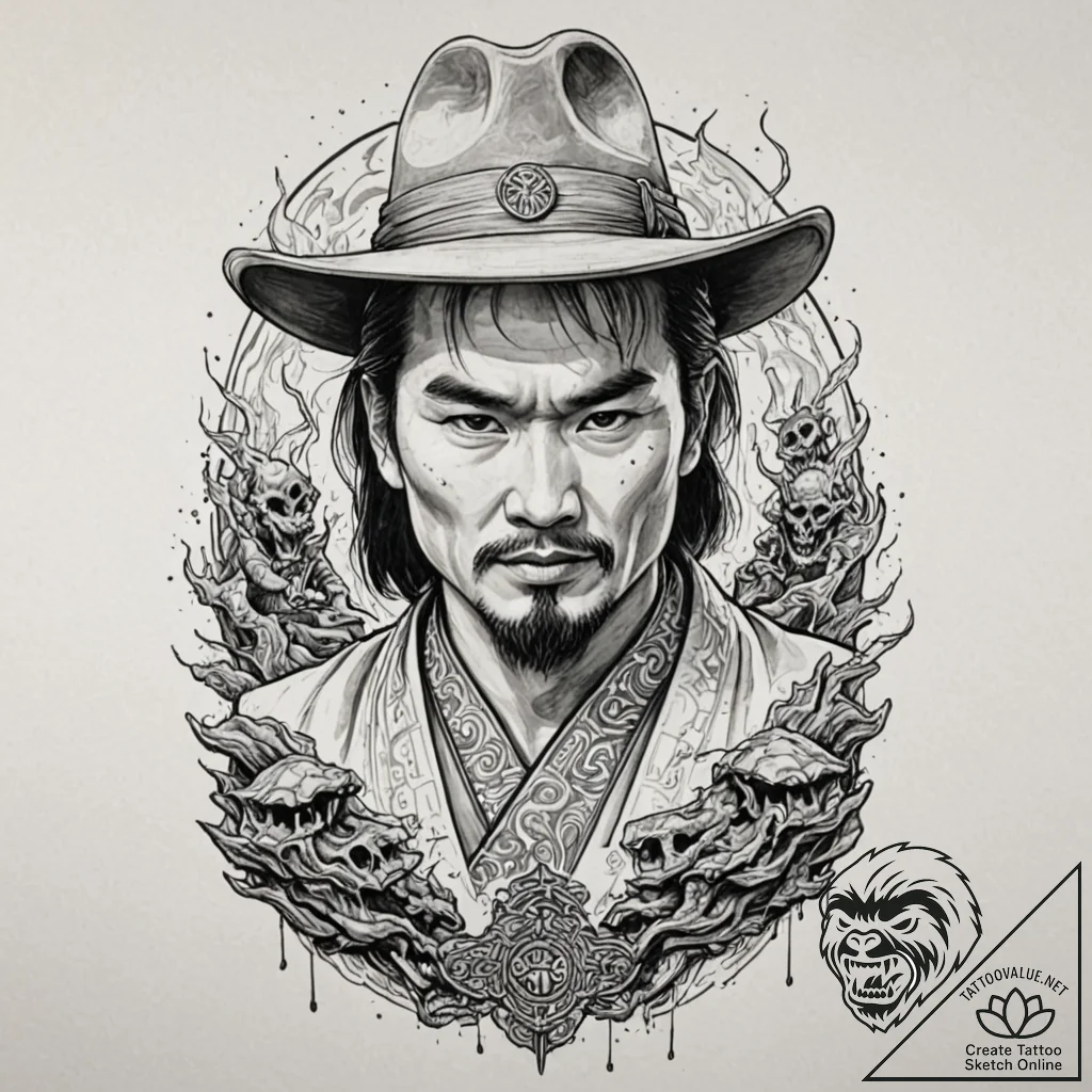 A neo-traditional portrait of lo pan, the anc... - tattoo sketch (№1751243670_0, 30.06.2025 00:34) — tattoovalue.net