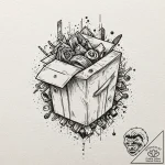 A trash polka composition of the mystery box… – tattoo sketch (№1751244520_0, 30.06.2025 00:48) — tattoovalue.net