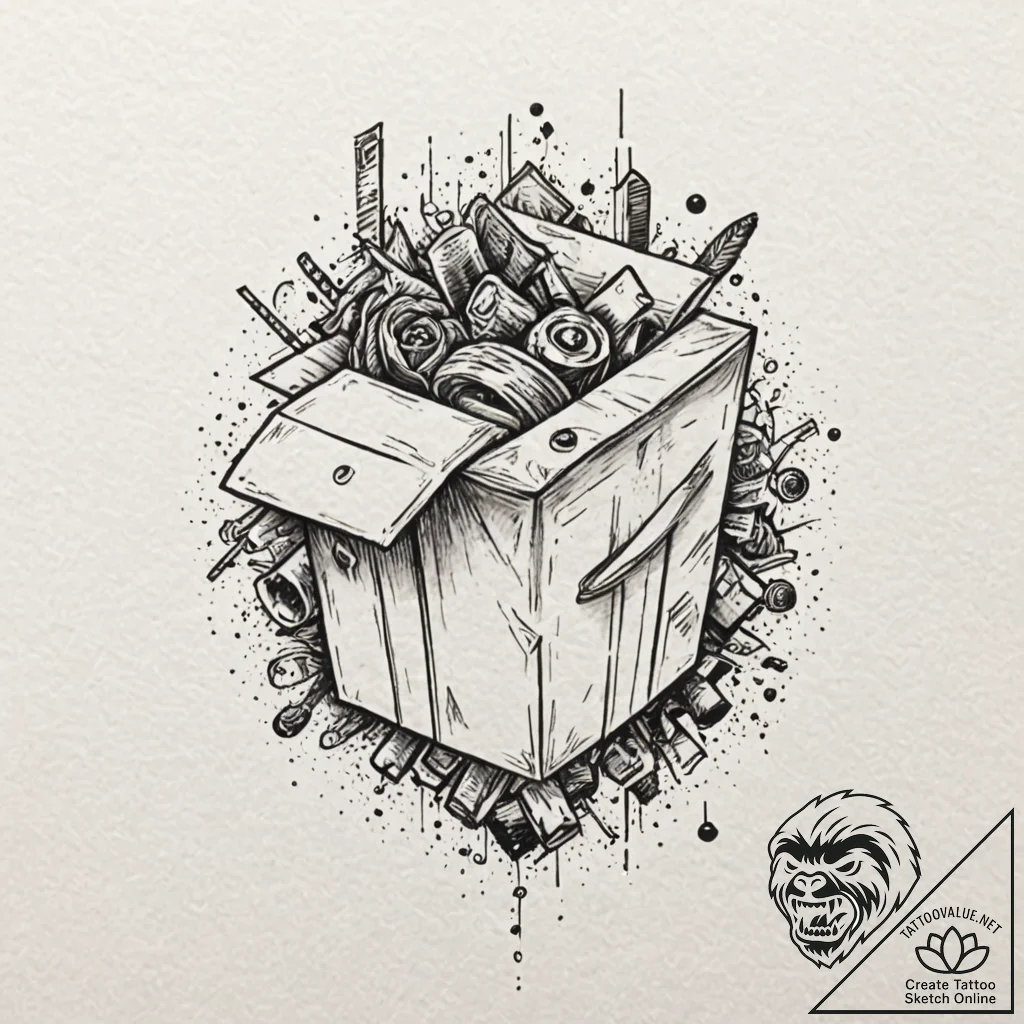 A trash polka composition of the mystery box... - tattoo sketch (№1751244520_0, 30.06.2025 00:48) — tattoovalue.net