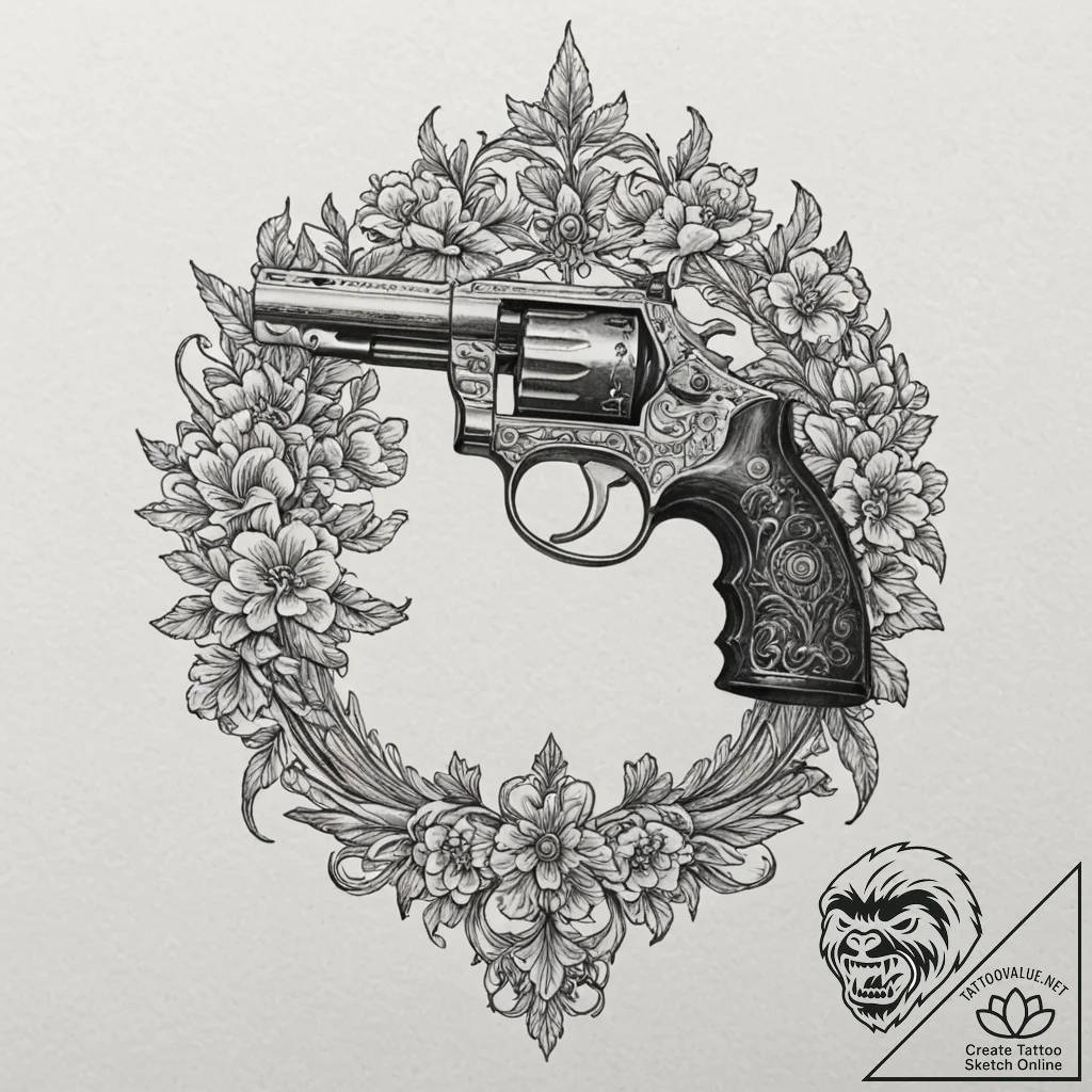 Revolver, tattoo line art, moderately detaile... - tattoo sketch (№1751246175_0, 30.06.2025 01:16) — tattoovalue.net