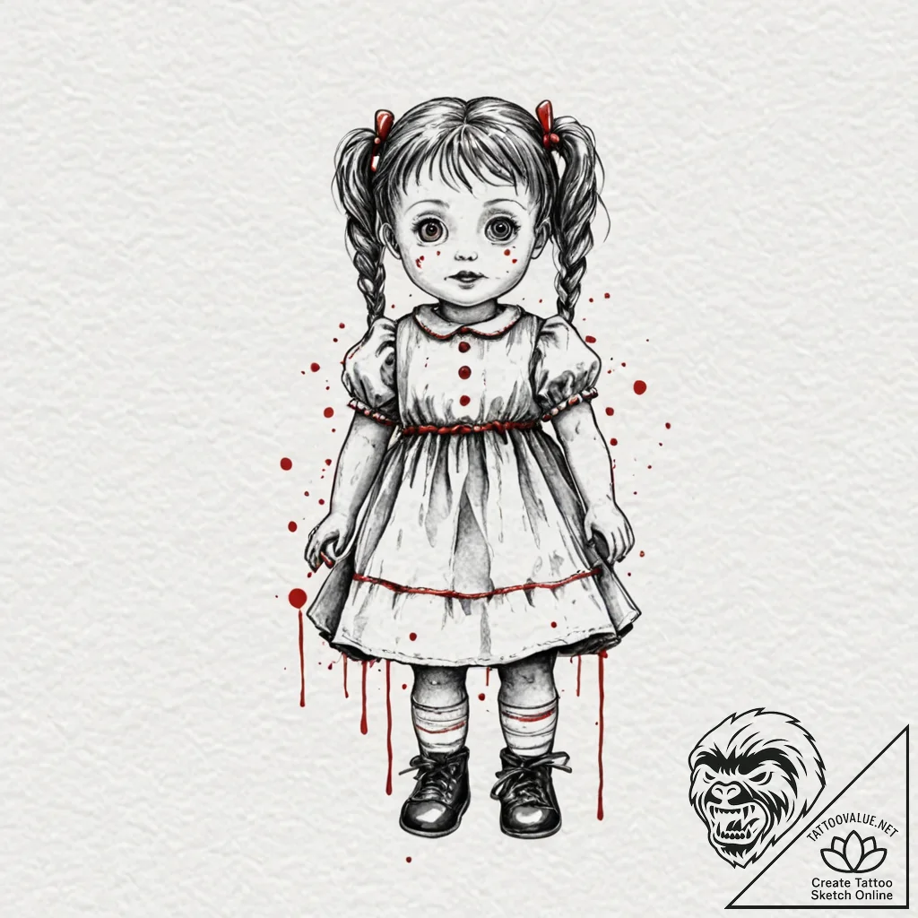 A watercolor sketch of the creepy doll from p... - tattoo sketch (№1751250186_0, 30.06.2025 02:23) — tattoovalue.net