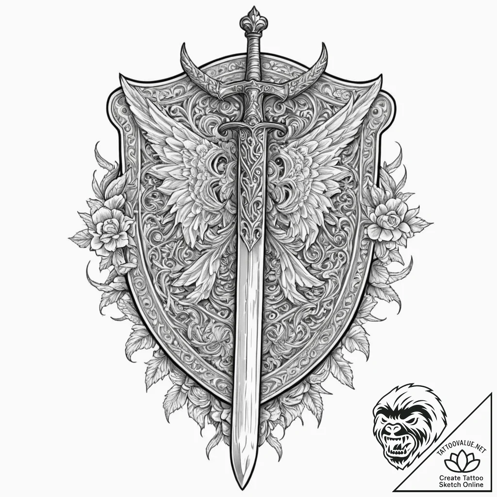 Shield and sword, tattoo drawing outline, hig... - tattoo sketch (№1751250288_0, 30.06.2025 02:24) — tattoovalue.net