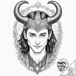 A sketch of loki, with his horned helmet and… – tattoo sketch (№1751250385_0, 30.06.2025 02:26) — tattoovalue.net