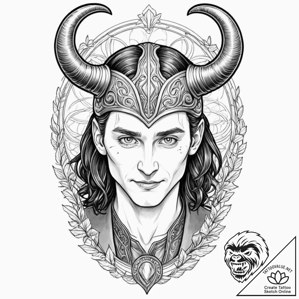 A sketch of loki, with his horned helmet and... - tattoo sketch (№1751250385_0, 30.06.2025 02:26) — tattoovalue.net