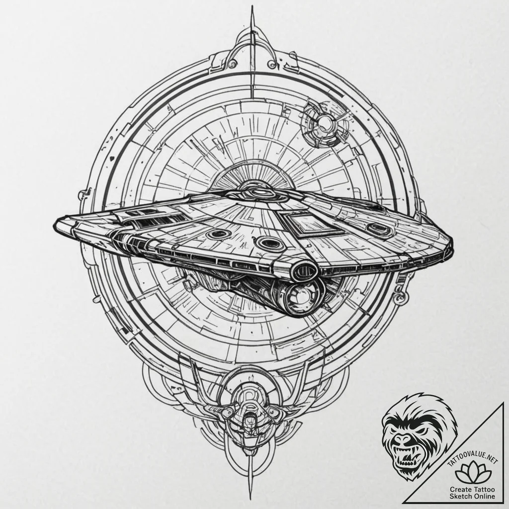 Linework tattoo of the millennium falcon maki... - tattoo sketch (№1751250496_0, 30.06.2025 02:28) — tattoovalue.net