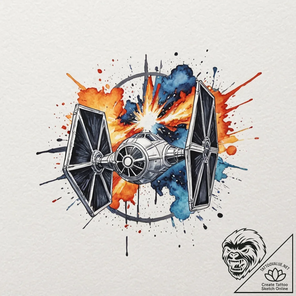Watercolor splash art of a tie fighter explod... - tattoo sketch (№1751252897_0, 30.06.2025 03:08) — tattoovalue.net