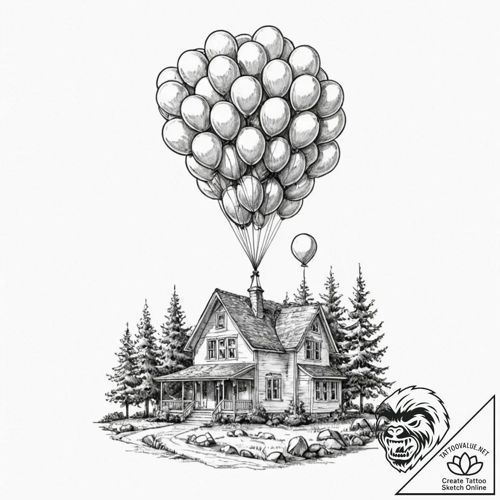A watercolor sketch of carl's house from up,... - tattoo sketch (№1751254249_0, 30.06.2025 03:30) — tattoovalue.net