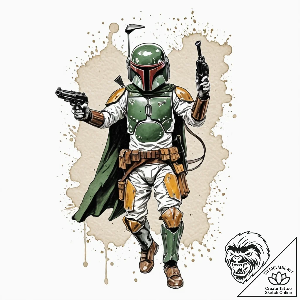 Trash polka style tattoo of boba fett in acti... - tattoo sketch (№1751254368_0, 30.06.2025 03:32) — tattoovalue.net