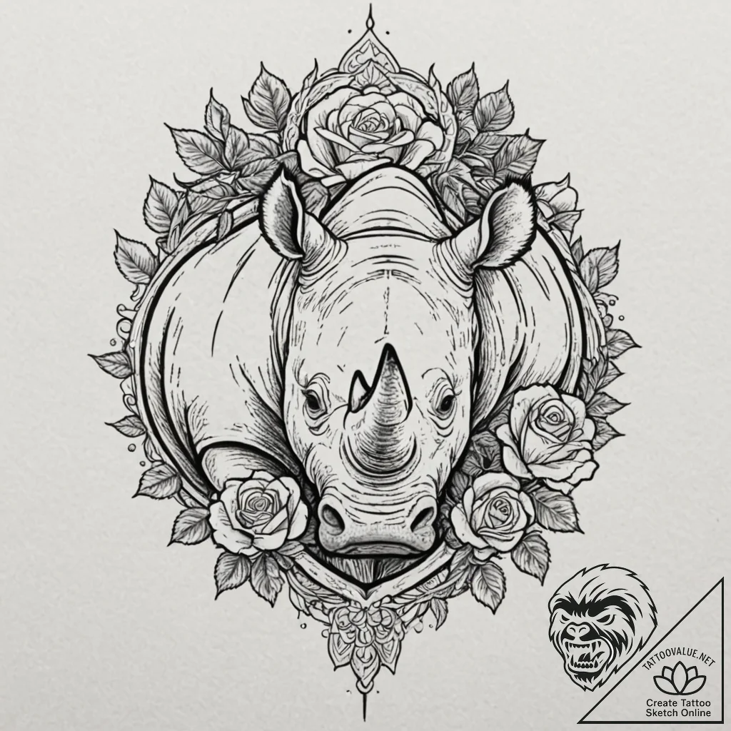 Rhinoceros, concept art for tattoo, chicano t... - tattoo sketch (№1751255158_0, 30.06.2025 03:45) — tattoovalue.net