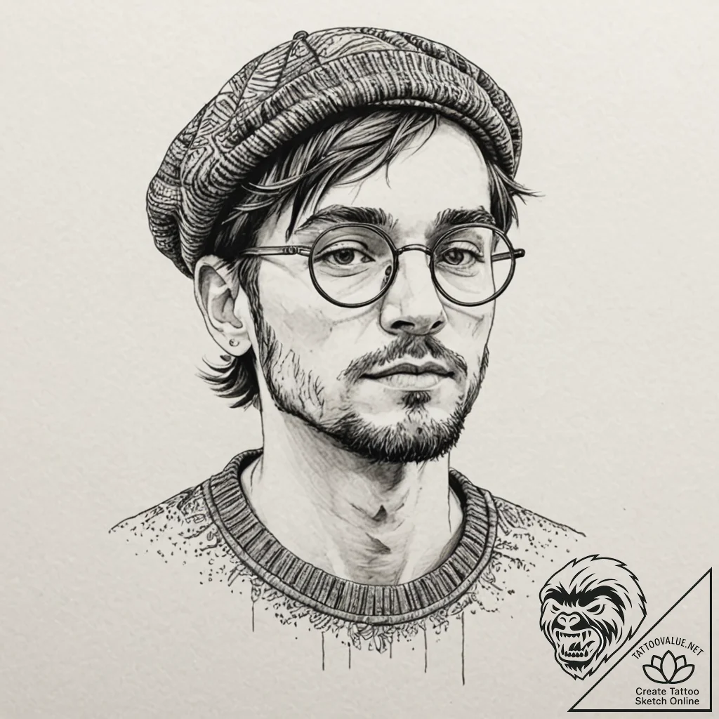 A linework portrait of léon with his round gl... - tattoo sketch (№1751255268_0, 30.06.2025 03:47) — tattoovalue.net