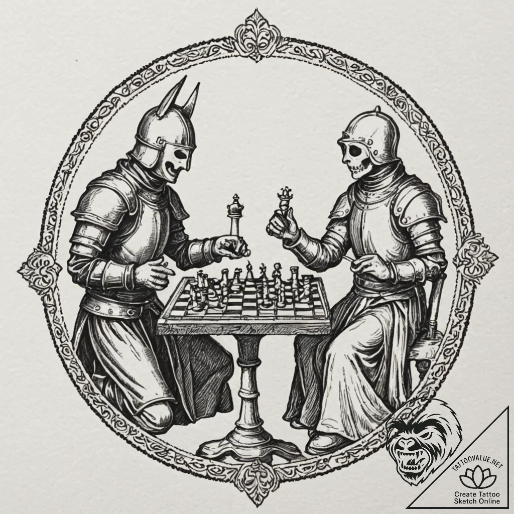 A sketch of the seventh seal, the knight play... - tattoo sketch (№1751257100_0, 30.06.2025 04:18) — tattoovalue.net