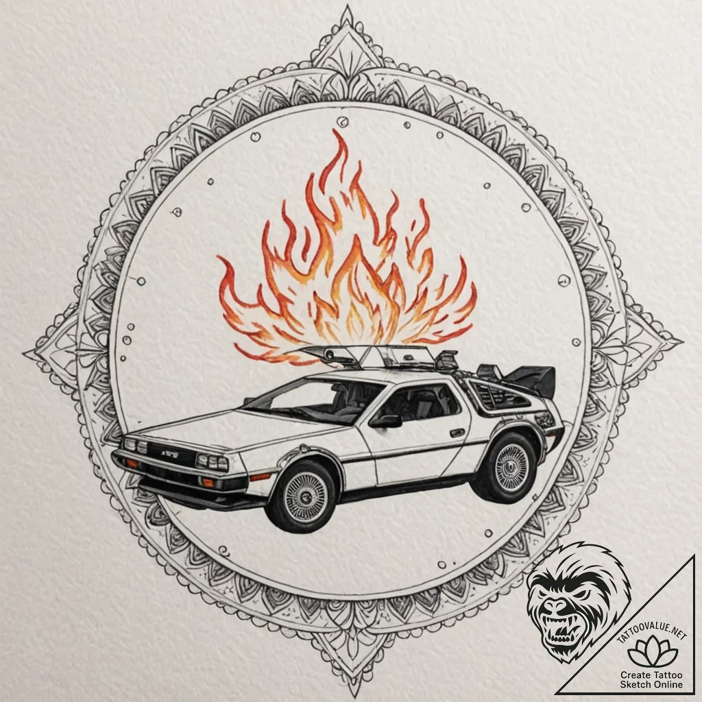 A neo-traditional tattoo of the delorean time... - tattoo sketch (№1751260485_0, 30.06.2025 05:14) — tattoovalue.net