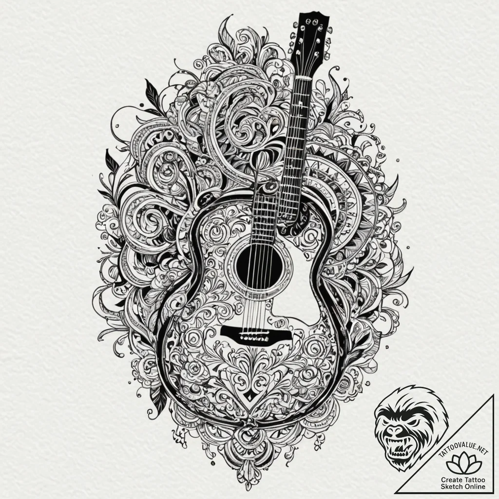 Guitar, tattoo flash sheet design, subtle dro... - tattoo sketch (№1751261964_0, 30.06.2025 05:39) — tattoovalue.net