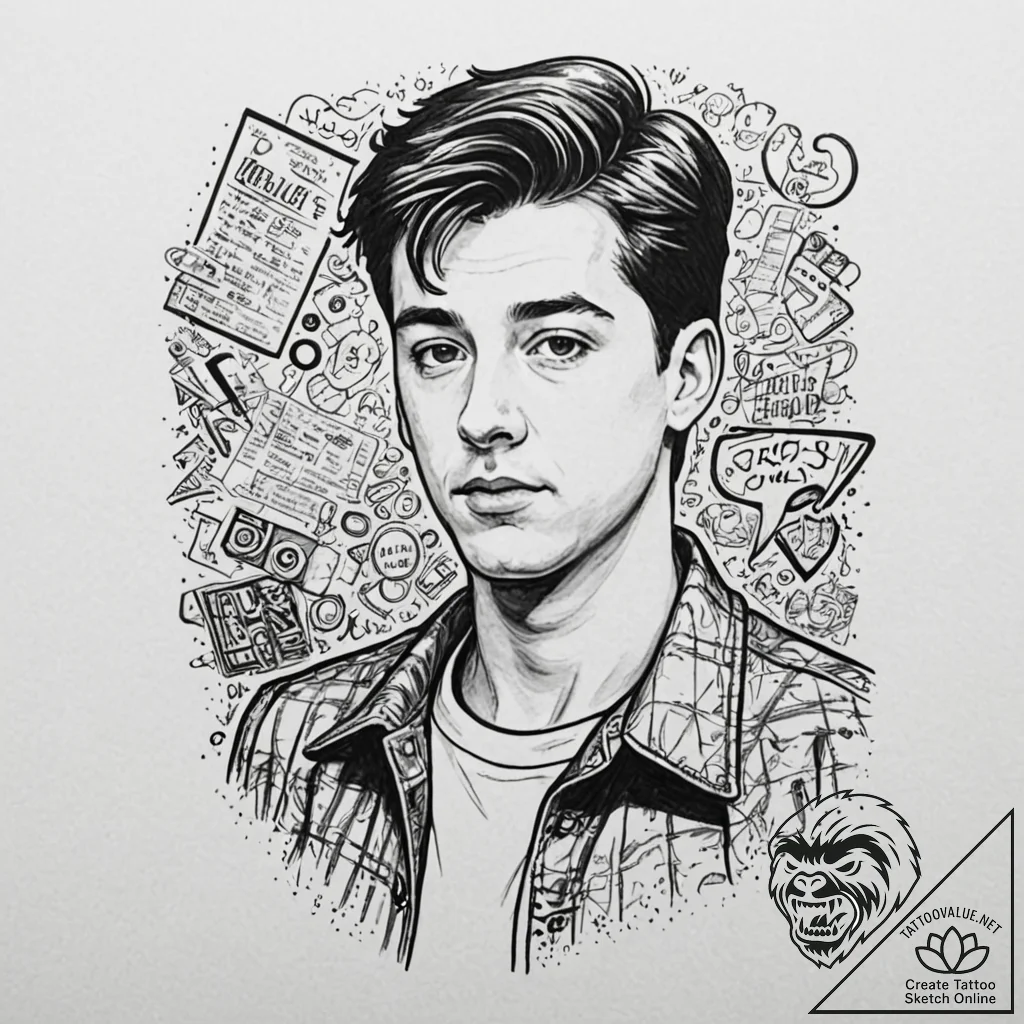A graphic novel portrait of ferris bueller, f... - tattoo sketch (№1751262366_0, 30.06.2025 05:46) — tattoovalue.net
