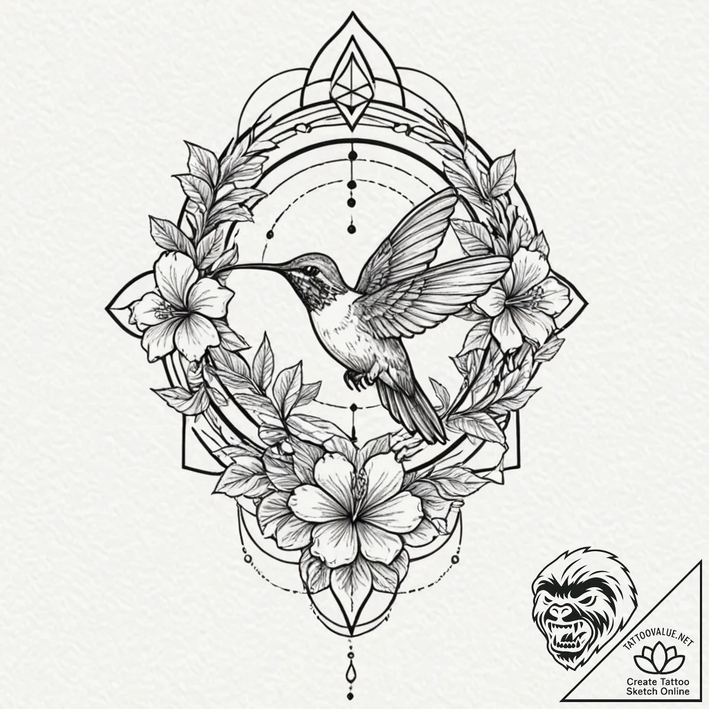 A hummingbird drinking from a hibiscus flower... - tattoo sketch (№1751262692_0, 30.06.2025 05:51) — tattoovalue.net