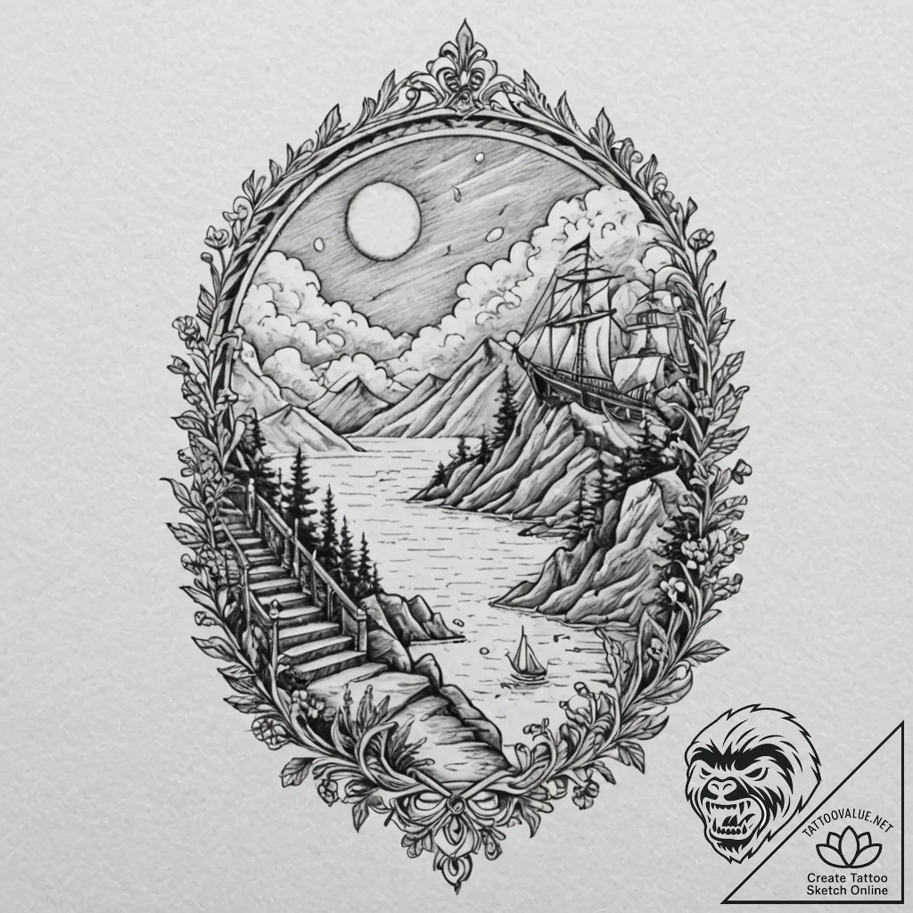 Stairway to the clouds, tattoo sketch design,... - tattoo sketch (№1751263676_0, 30.06.2025 06:07) — tattoovalue.net