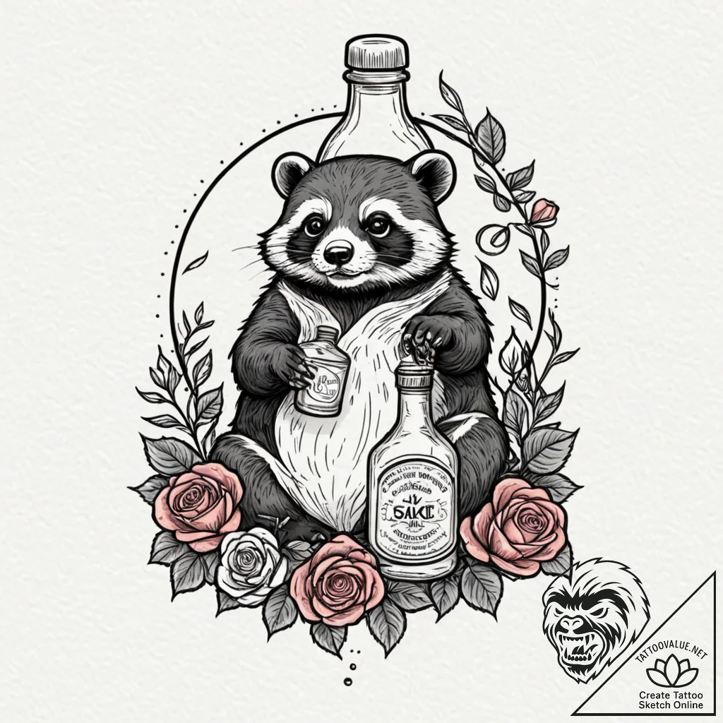 A tanuki with its sake bottle, artistic tatto... - tattoo sketch (№1751264431_0, 30.06.2025 06:20) — tattoovalue.net