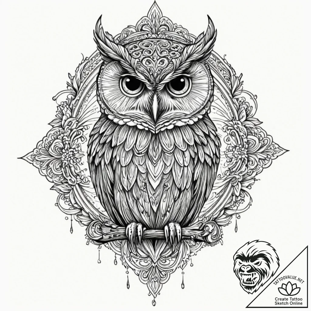Owl, tattoo drawing outline, muted color pale... - tattoo sketch (№1751265013_0, 30.06.2025 06:30) — tattoovalue.net