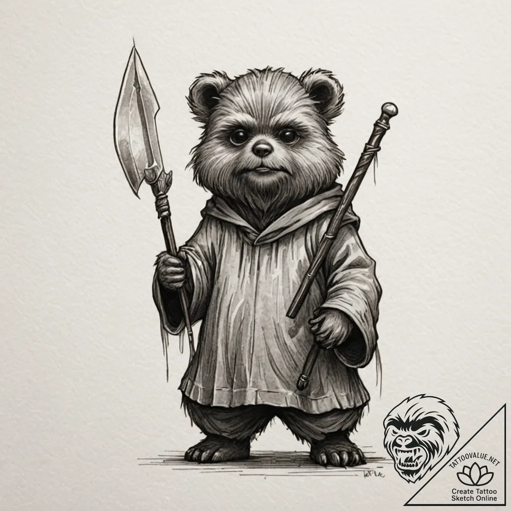 Neo-traditional tattoo of wicket the ewok hol... - tattoo sketch (№1751265882_0, 30.06.2025 06:44) — tattoovalue.net