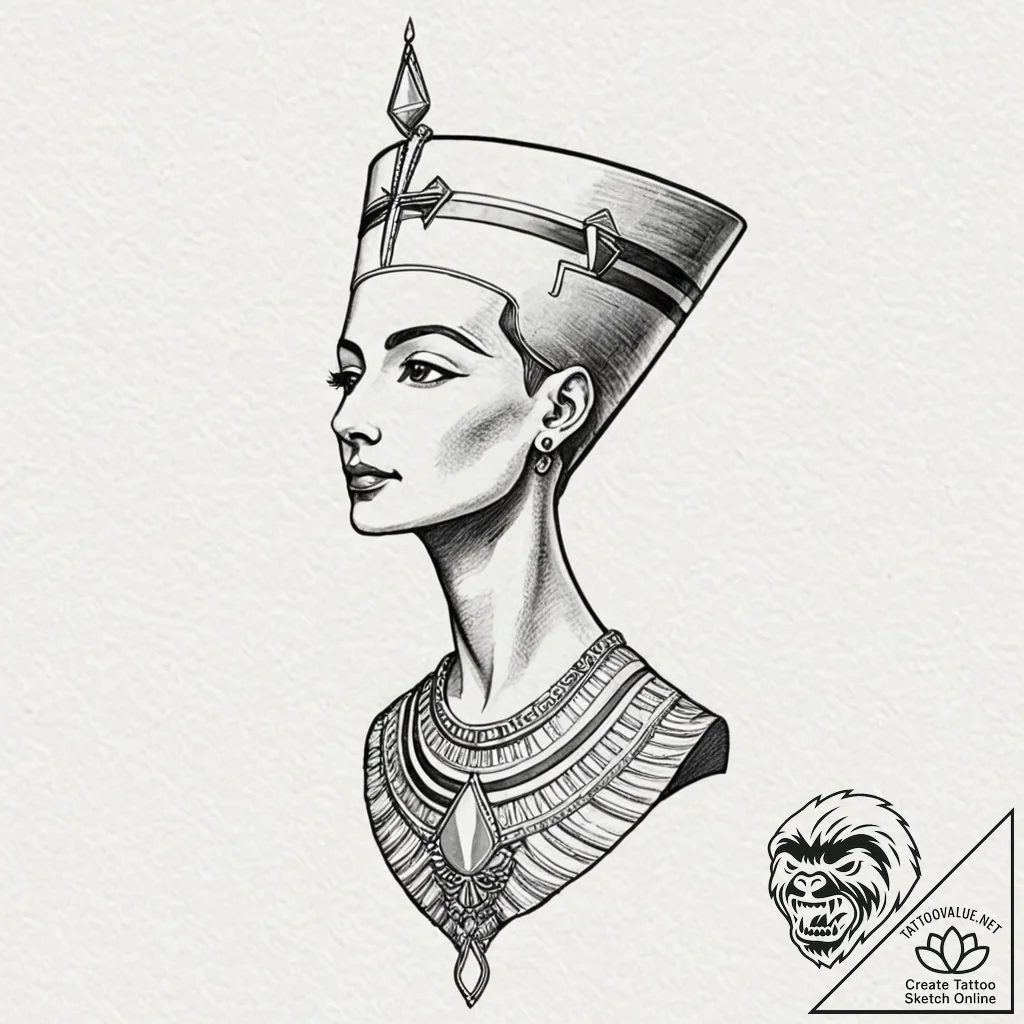 Nefertiti, tattoo line art, subtle drop shado... - tattoo sketch (№1751268308_0, 30.06.2025 07:25) — tattoovalue.net