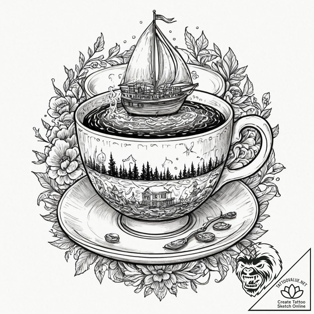 A graphic novel panel of the "teacup" scene f... - tattoo sketch (№1751268826_0, 30.06.2025 07:33) — tattoovalue.net