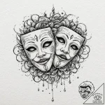 Theater masks, ink illustration for tattoo, f… – tattoo sketch (№1751269476_0, 30.06.2025 07:44) — tattoovalue.net